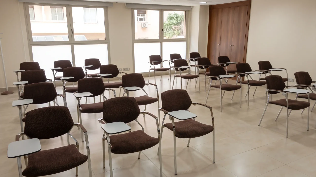 Sillas de pala en la Sala Viena + Capellanes, con ventanales y luz natural, en Suites Viena junto a Plaza de España
